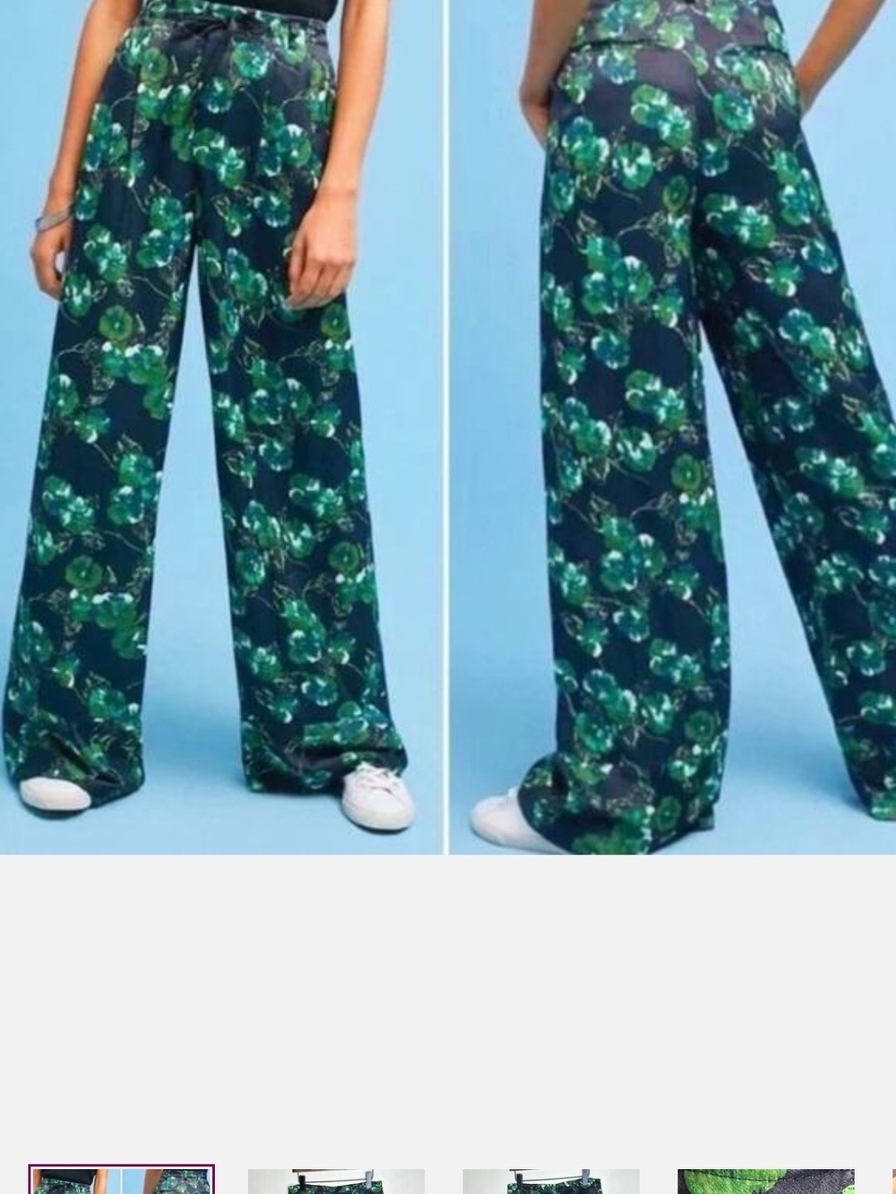 Anthropologie X Elevenses Wide-Leg Floral Print Pants Green X Navy Us 14
